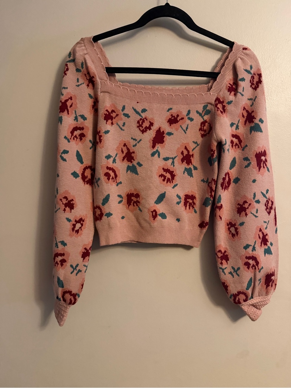 Pink Floral Square Neck Knit Sweater